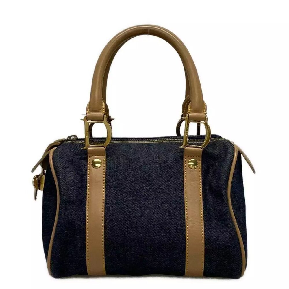 Authentic ChristianDior Dark Navy Light Brown Denim Leather Handbag 611-100724 - Picture 1 of 14